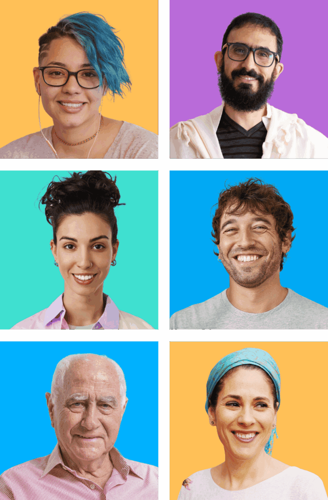 תמונה של שישה אנשים מחייכים, עם רקעים צבעוניים שונים. קבוצה מגוונת בגיל, מין וצבע עור, כוללת גבר עם זקן וטלית, אישה עם שיער צבעוני, איש צעיר, אישה צעירה, אישה דתיה עם כיסוי ראש, אזרח ותיק