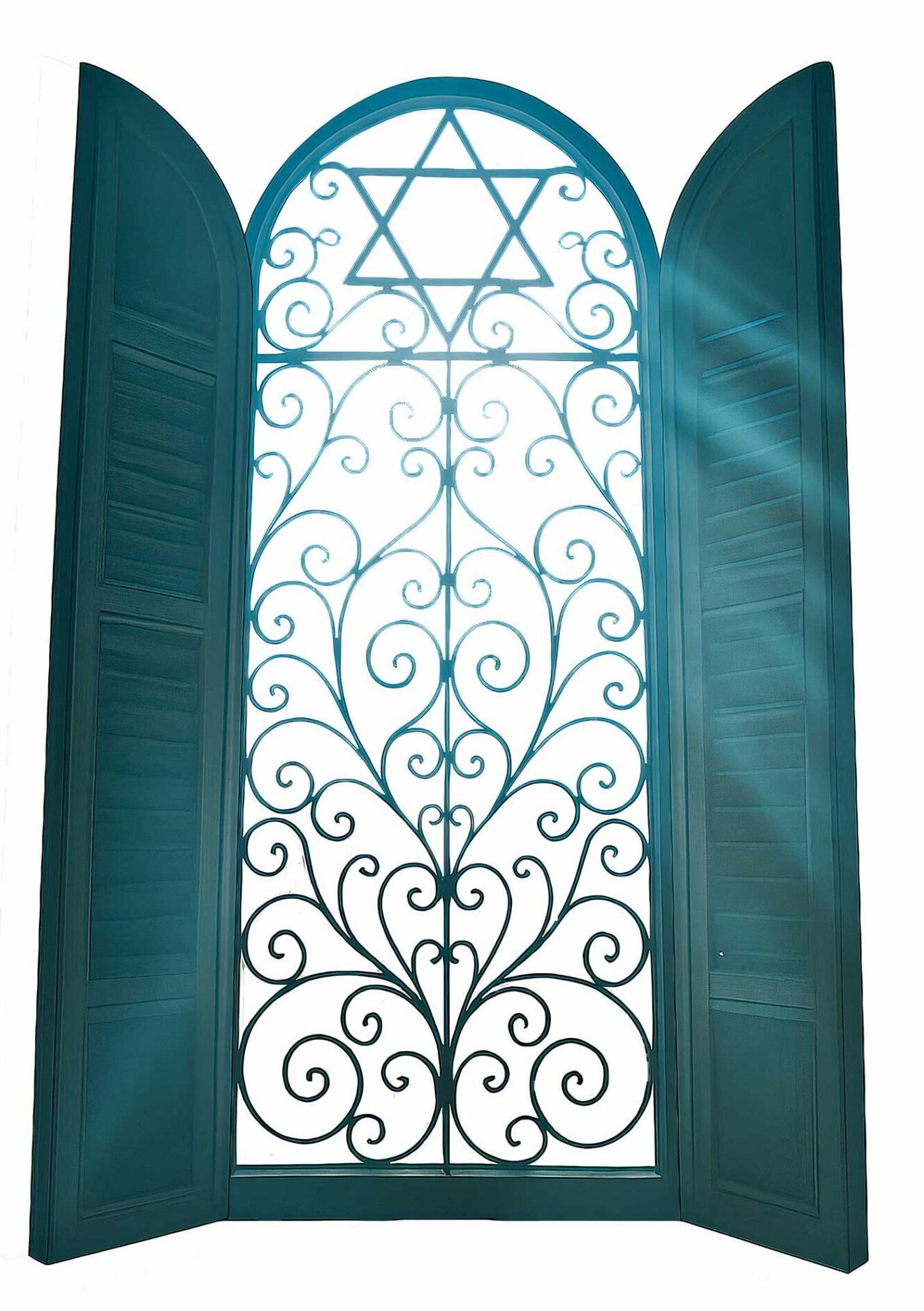 חלון עתיק פתוח בצבע טורקיז עם מגן דוד בתוכו